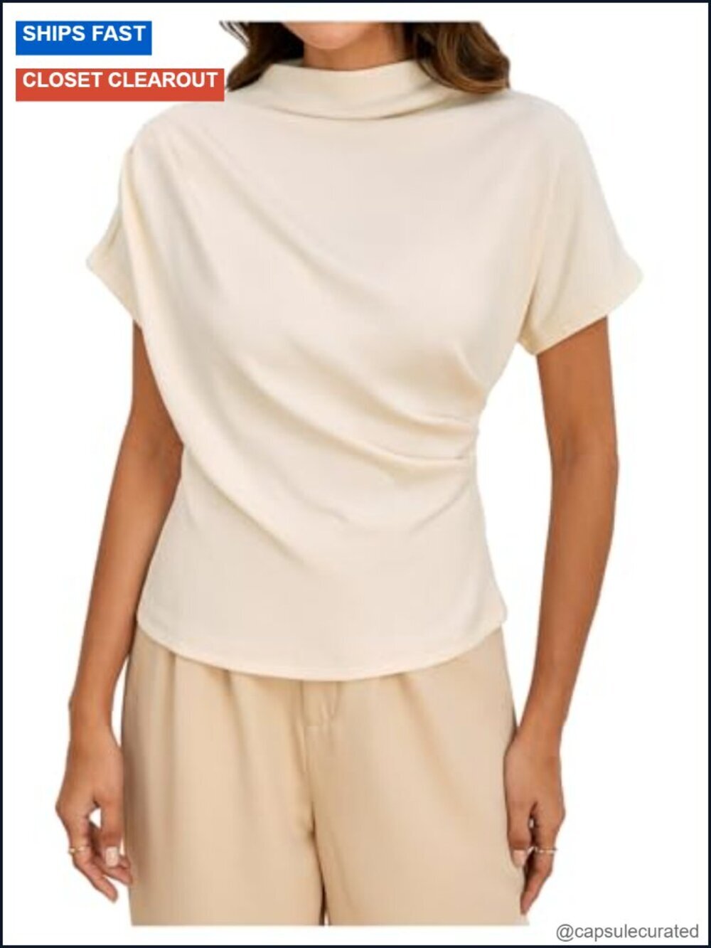 Short Sleeve Mock Neck Tee Top Asymmetric Ruched Plain T Shirt